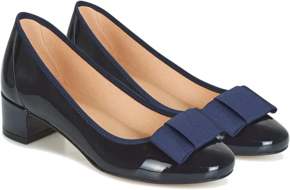MOOMMO Women Low Chunky Heel Pumps Shoes Bows Round Closed Toe Slip On Block Heels Dress Sandals Cap Toe Bow Flats Shoes Two-Toned Ladies Girls Wedding Office School Elegant Comfort Spring 4-11 M US