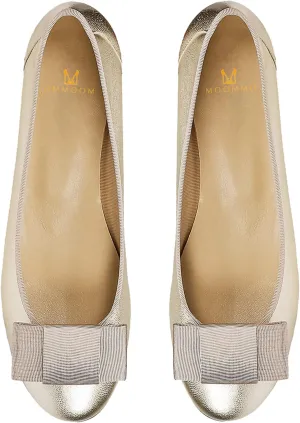 MOOMMO Women Low Chunky Heel Pumps Shoes Bows Round Closed Toe Slip On Block Heels Dress Sandals Cap Toe Bow Flats Shoes Two-Toned Ladies Girls Wedding Office School Elegant Comfort Spring 4-11 M US