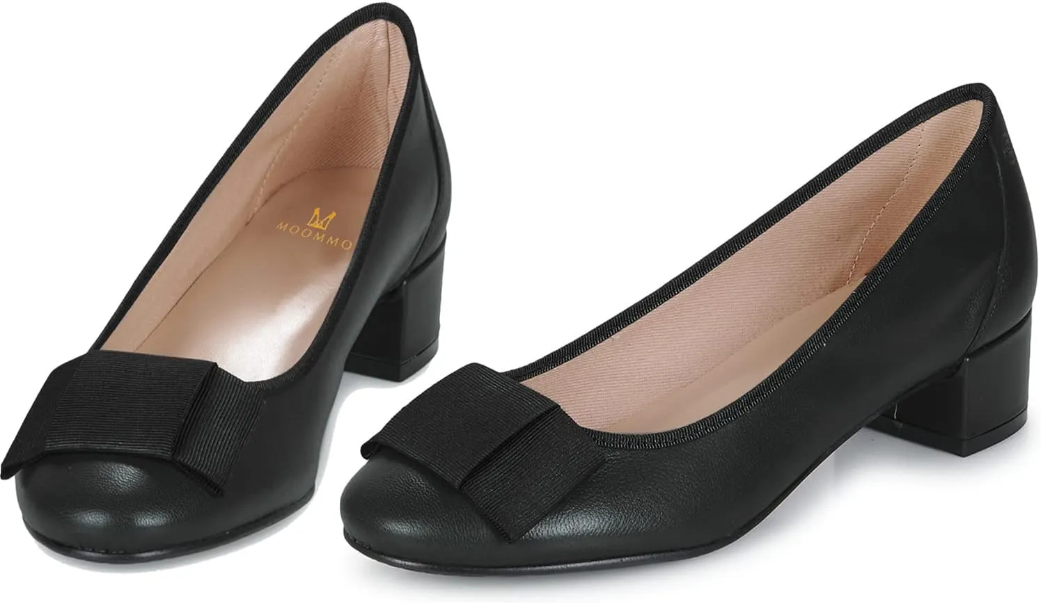MOOMMO Women Low Chunky Heel Pumps Shoes Bows Round Closed Toe Slip On Block Heels Dress Sandals Cap Toe Bow Flats Shoes Two-Toned Ladies Girls Wedding Office School Elegant Comfort Spring 4-11 M US