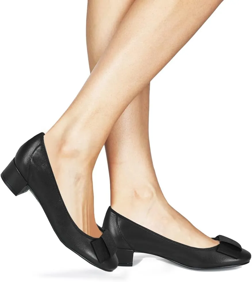 MOOMMO Women Low Chunky Heel Pumps Shoes Bows Round Closed Toe Slip On Block Heels Dress Sandals Cap Toe Bow Flats Shoes Two-Toned Ladies Girls Wedding Office School Elegant Comfort Spring 4-11 M US