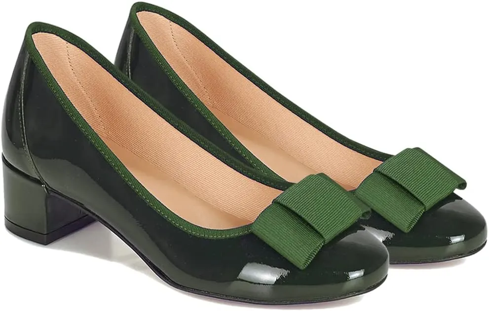 MOOMMO Women Low Chunky Heel Pumps Shoes Bows Round Closed Toe Slip On Block Heels Dress Sandals Cap Toe Bow Flats Shoes Two-Toned Ladies Girls Wedding Office School Elegant Comfort Spring 4-11 M US