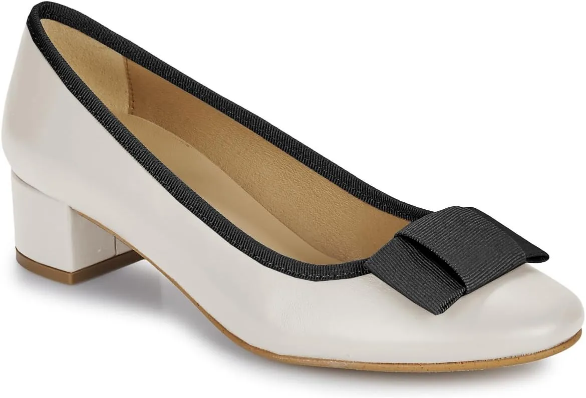 MOOMMO Women Low Chunky Heel Pumps Shoes Bows Round Closed Toe Slip On Block Heels Dress Sandals Cap Toe Bow Flats Shoes Two-Toned Ladies Girls Wedding Office School Elegant Comfort Spring 4-11 M US