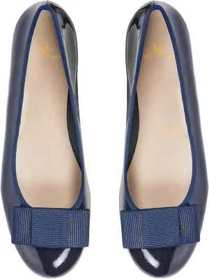 MOOMMO Women Low Chunky Heel Pumps Shoes Bows Round Closed Toe Slip On Block Heels Dress Sandals Cap Toe Bow Flats Shoes Two-Toned Ladies Girls Wedding Office School Elegant Comfort Spring 4-11 M US