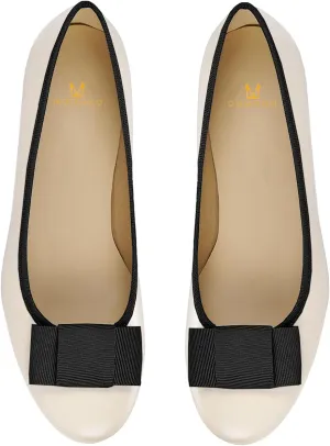 MOOMMO Women Low Chunky Heel Pumps Shoes Bows Round Closed Toe Slip On Block Heels Dress Sandals Cap Toe Bow Flats Shoes Two-Toned Ladies Girls Wedding Office School Elegant Comfort Spring 4-11 M US