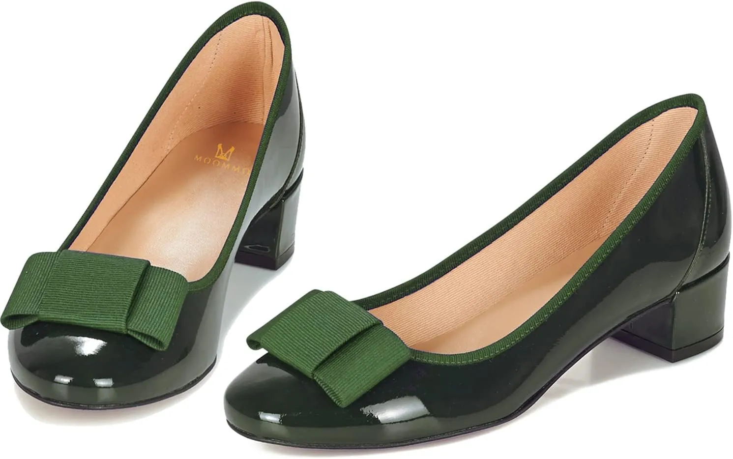MOOMMO Women Low Chunky Heel Pumps Shoes Bows Round Closed Toe Slip On Block Heels Dress Sandals Cap Toe Bow Flats Shoes Two-Toned Ladies Girls Wedding Office School Elegant Comfort Spring 4-11 M US