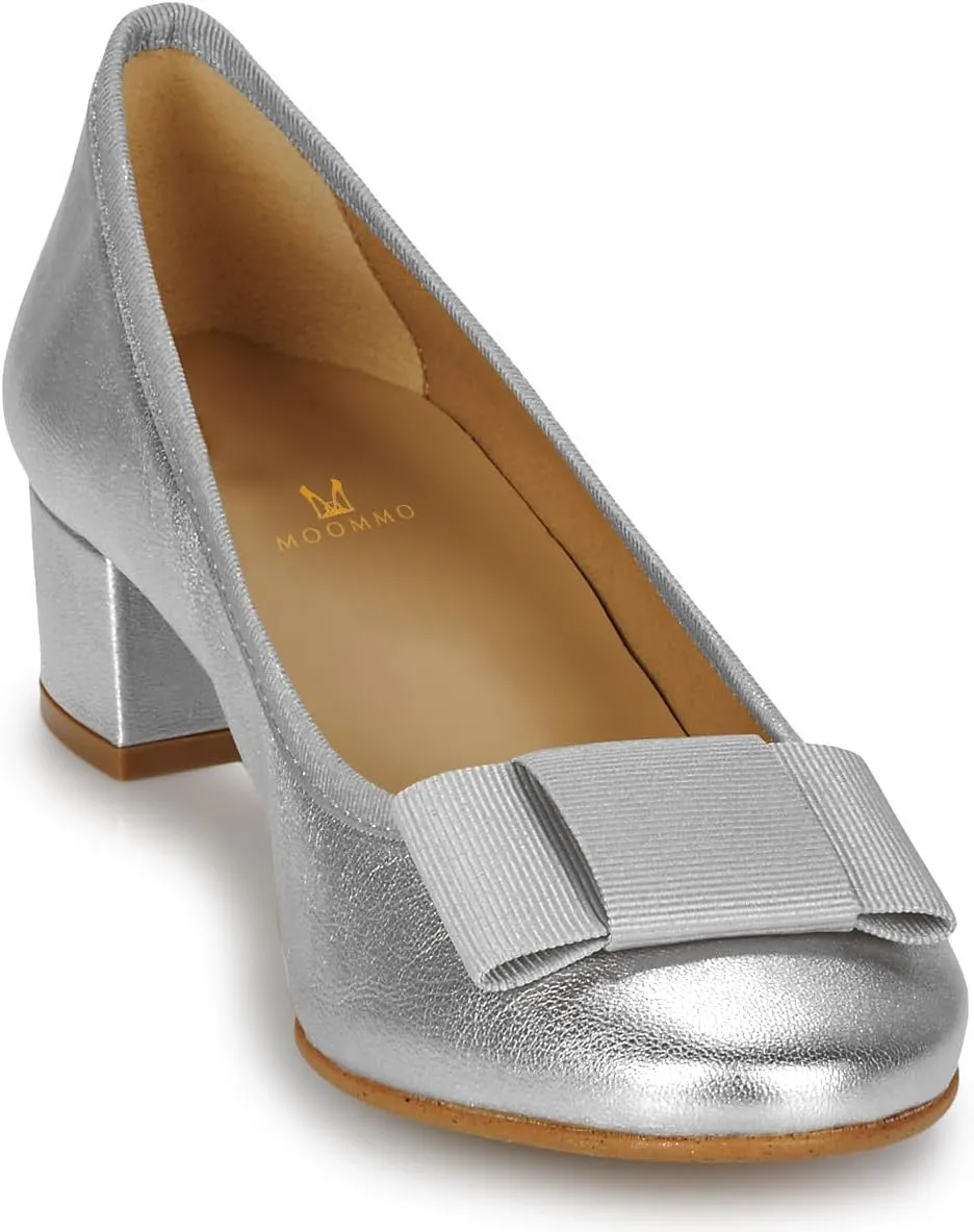 MOOMMO Women Low Chunky Heel Pumps Shoes Bows Round Closed Toe Slip On Block Heels Dress Sandals Cap Toe Bow Flats Shoes Two-Toned Ladies Girls Wedding Office School Elegant Comfort Spring 4-11 M US