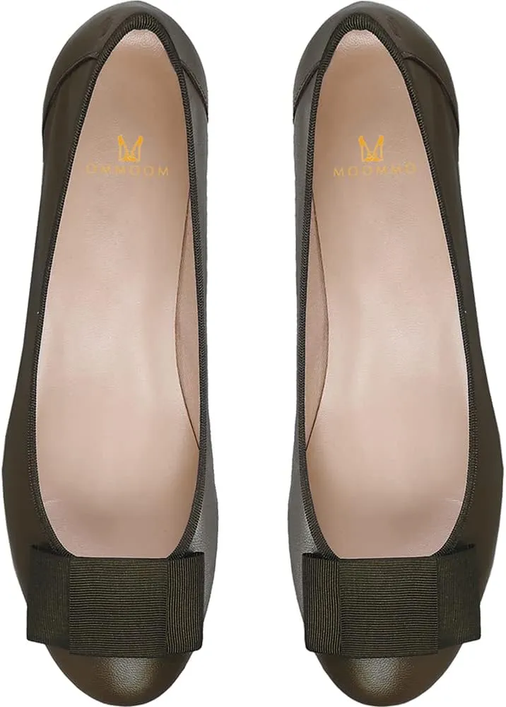 MOOMMO Women Low Chunky Heel Pumps Shoes Bows Round Closed Toe Slip On Block Heels Dress Sandals Cap Toe Bow Flats Shoes Two-Toned Ladies Girls Wedding Office School Elegant Comfort Spring 4-11 M US