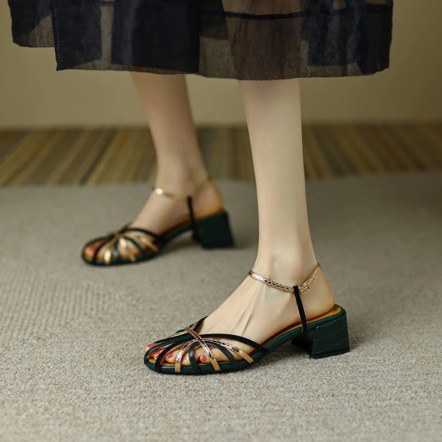 MOOMMO Women Low Heel Sandals Ankle Strap Rainbow Kitten Heel Cage Sandal Shoes T Strap Mary Jane Pumps Chunky Block Heel Cutout Sandals Bridal Wedding Summer Vintage Dressy Elegant Comfort 4-11 M US