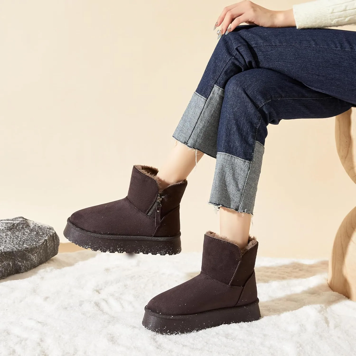Moudki Winter Boots for Women Warm Fur Lined Booties Platform Snow Boots for Women Ankle Booties Anti-Slip Outdoor Snow Boots