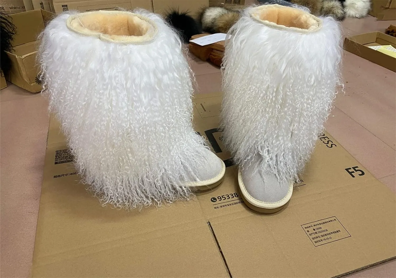 MSBT Women Mongolian Fur Boots with Real Tibetan Fluffy Furry Sheep Curly Skin Snow Boot for Luxury Ladies Winter Warm Outdoor Wear Girls Soft Linning Black White Color Tall High Boots