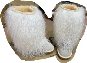 MSBT Women Mongolian Fur Boots with Real Tibetan Fluffy Furry Sheep Curly Skin Snow Boot for Luxury Ladies Winter Warm Outdoor Wear Girls Soft Linning Black White Color Tall High Boots