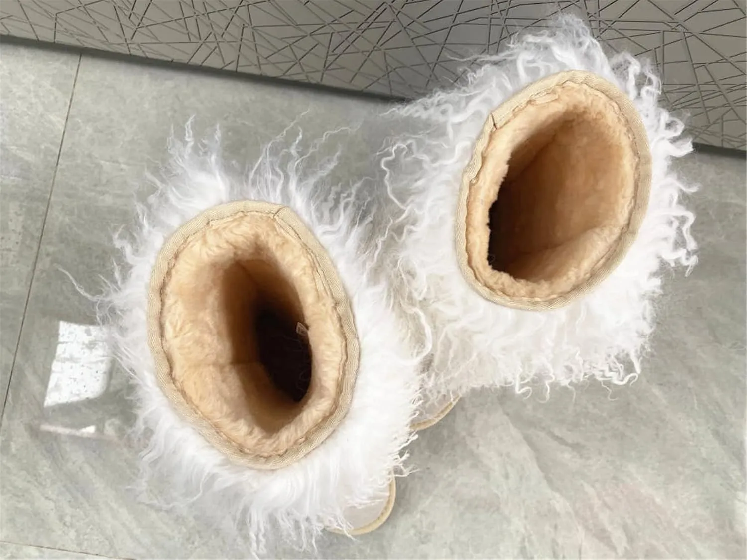 MSBT Women Mongolian Fur Boots with Real Tibetan Fluffy Furry Sheep Curly Skin Snow Boot for Luxury Ladies Winter Warm Outdoor Wear Girls Soft Linning Black White Color Tall High Boots