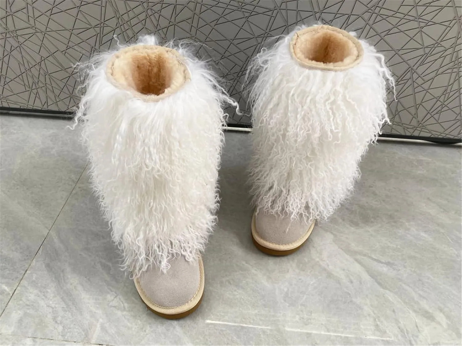 MSBT Women Mongolian Fur Boots with Real Tibetan Fluffy Furry Sheep Curly Skin Snow Boot for Luxury Ladies Winter Warm Outdoor Wear Girls Soft Linning Black White Color Tall High Boots