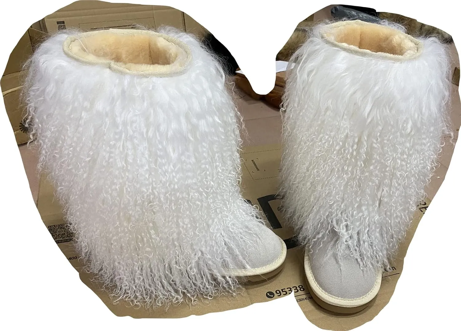 MSBT Women Mongolian Fur Boots with Real Tibetan Fluffy Furry Sheep Curly Skin Snow Boot for Luxury Ladies Winter Warm Outdoor Wear Girls Soft Linning Black White Color Tall High Boots