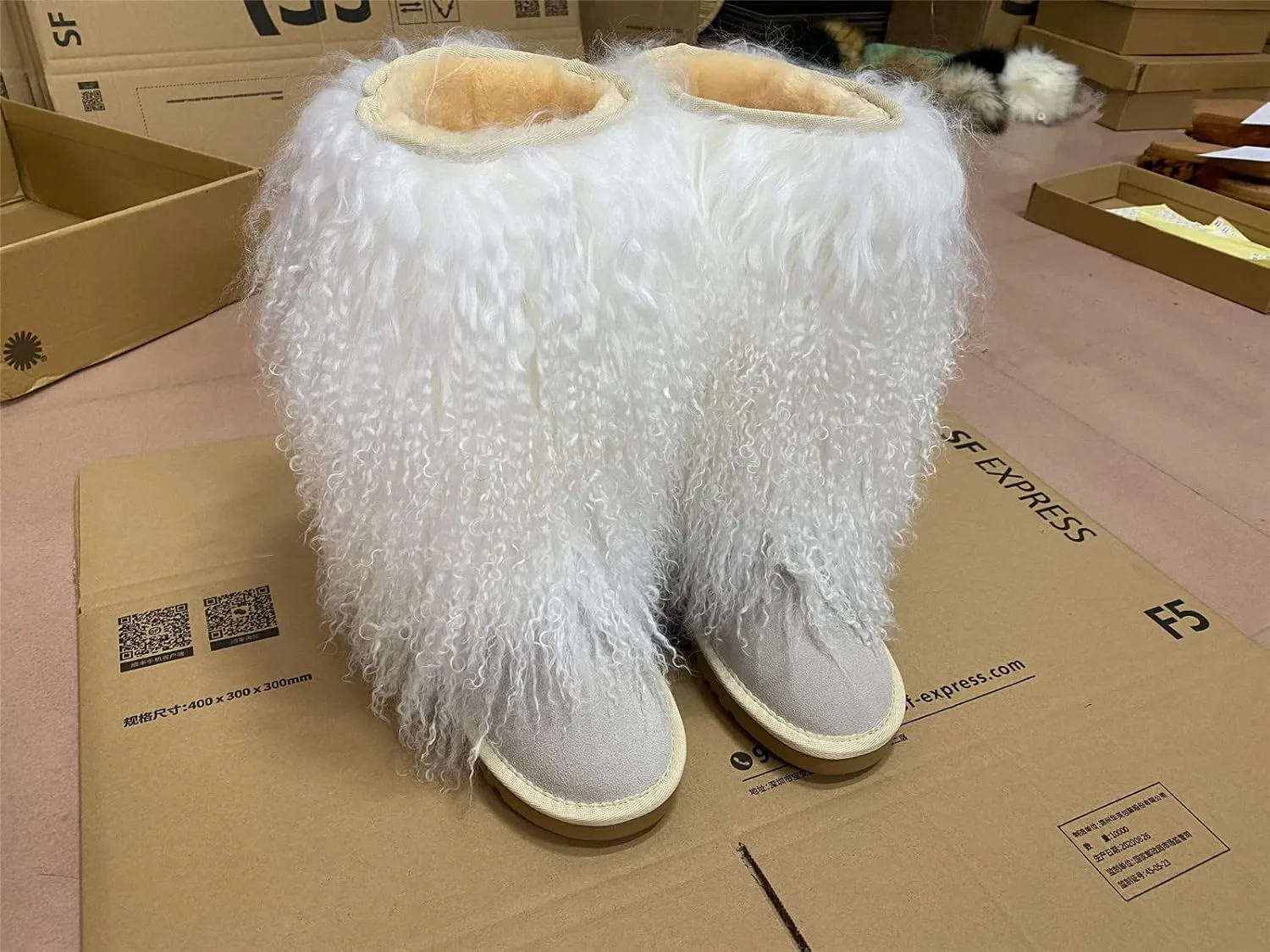 MSBT Women Mongolian Fur Boots with Real Tibetan Fluffy Furry Sheep Curly Skin Snow Boot for Luxury Ladies Winter Warm Outdoor Wear Girls Soft Linning Black White Color Tall High Boots