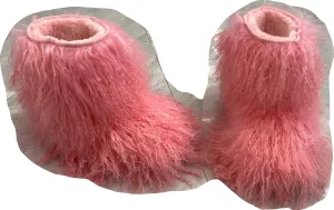MSD-1 Woman's Tibetan Fur Boot With Real Mongolian Hairy Furry Sheepskin Shearling Lamb Skin Snow Boots Long Curly Hair Shoes For Young Lady Girls Outside Ski Fluffy Footwear Christmas Gifts Mid-Half Short Booties All Over Fur (9, Pink)