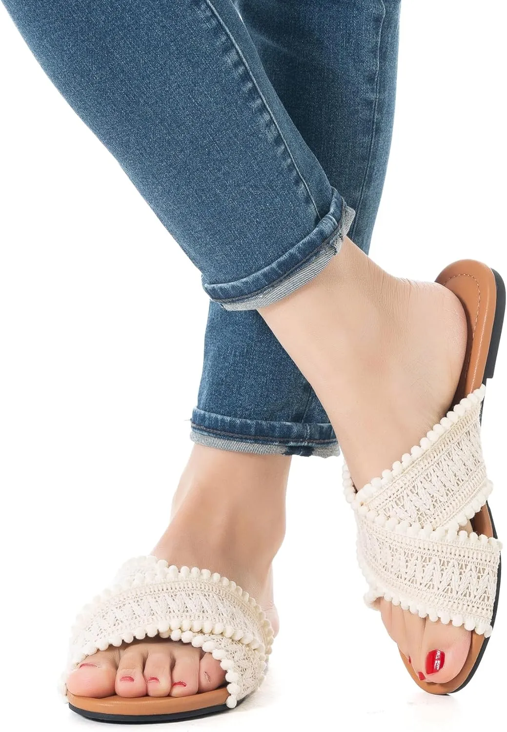 Mtzyoa Women Flat Sandals Braided Leather Crossover Nude Dressy Fashion Evening Party Wedding Sandals