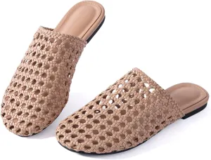 Mtzyoa Women Flat Sandals Mesh Knit Hollow Braided Summer Breathable Openwork Cushioned Non Slip Slip-On Dressy Casual Vacation Bohemian Cute Slides