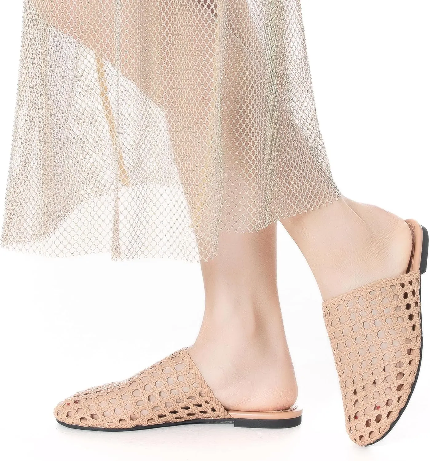 Mtzyoa Women Flat Sandals Mesh Knit Hollow Braided Summer Breathable Openwork Cushioned Non Slip Slip-On Dressy Casual Vacation Bohemian Cute Slides