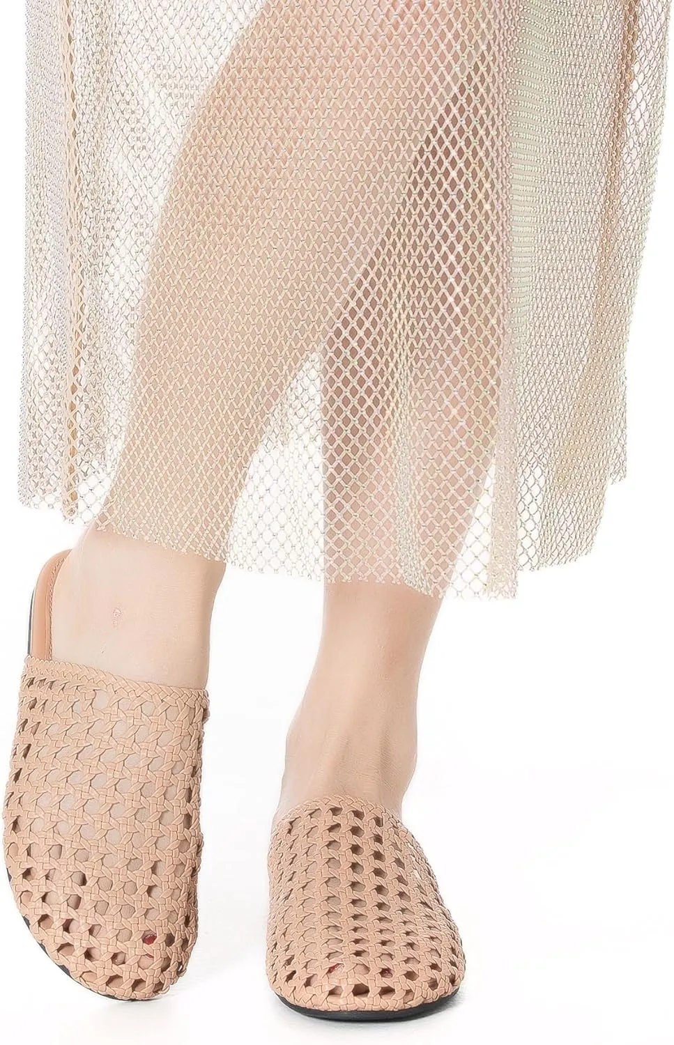 Mtzyoa Women Flat Sandals Mesh Knit Hollow Braided Summer Breathable Openwork Cushioned Non Slip Slip-On Dressy Casual Vacation Bohemian Cute Slides