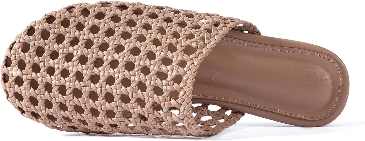 Mtzyoa Women Flat Sandals Mesh Knit Hollow Braided Summer Breathable Openwork Cushioned Non Slip Slip-On Dressy Casual Vacation Bohemian Cute Slides