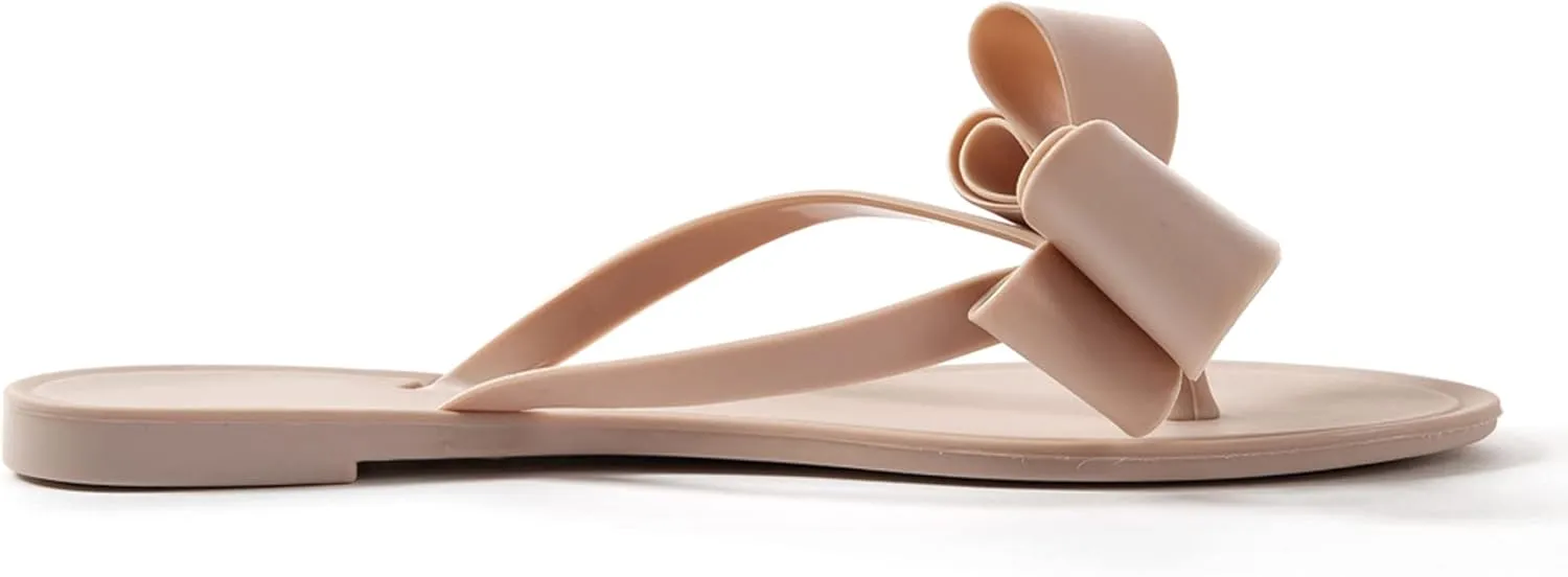 Mtzyoa Women Flip-Flops Flat Sandals Jelly Bow Beach Flat Rivets Rain Cute Dressy Summer Sandals