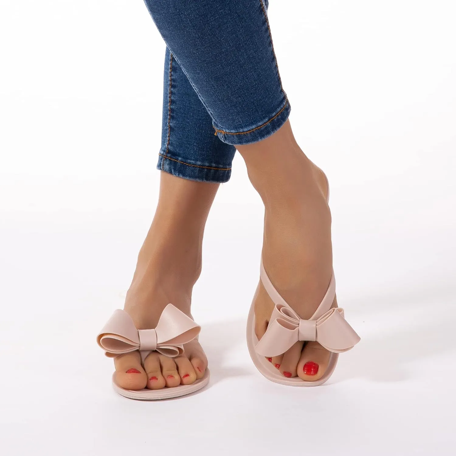 Mtzyoa Women Flip-Flops Flat Sandals Jelly Bow Beach Flat Rivets Rain Cute Dressy Summer Sandals