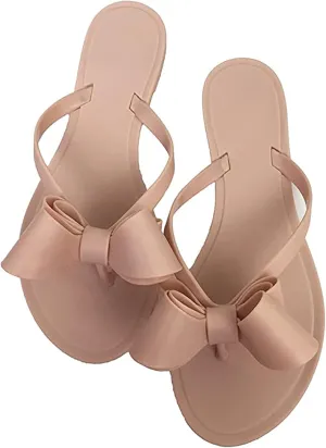 Mtzyoa Women Flip-Flops Flat Sandals Jelly Bow Beach Flat Rivets Rain Cute Dressy Summer Sandals