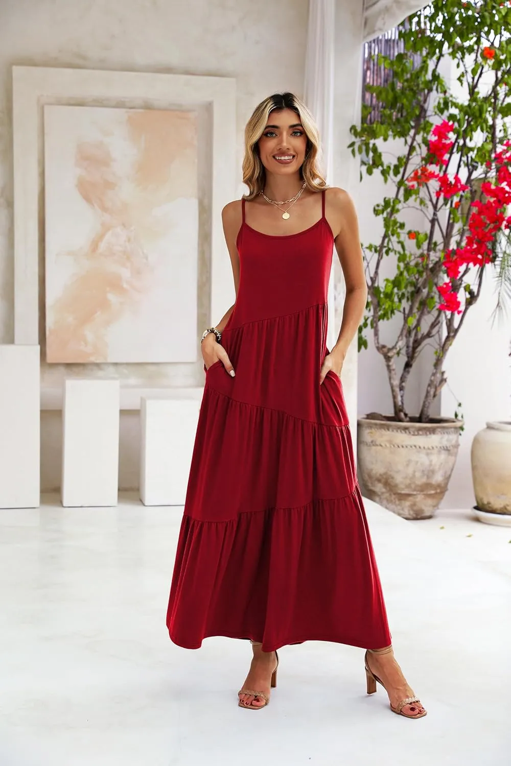 Naggoo Womens Summer Sleeveless Maxi Dresses Casual Beach Spaghetti Strap Long Dress Sundresses