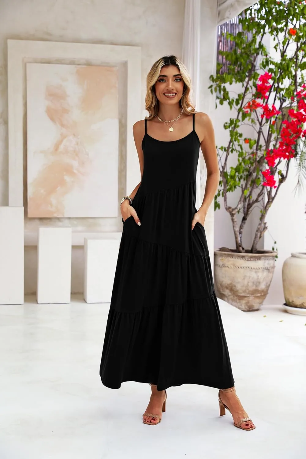 Naggoo Womens Summer Sleeveless Maxi Dresses Casual Beach Spaghetti Strap Long Dress Sundresses