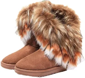 Naughtyangel Women Winter Warm Snow Ankle Boots Low Heels Faux Fox Rabbit Fur Tassel Shoes