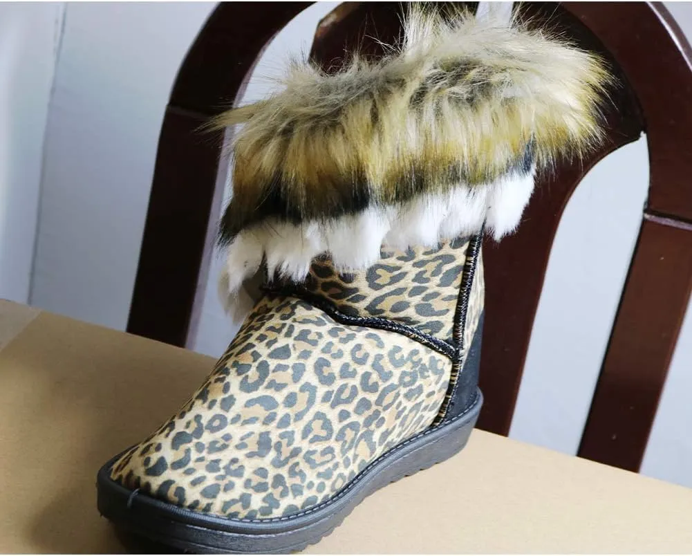 Naughtyangel Women Winter Warm Snow Ankle Boots Low Heels Faux Fox Rabbit Fur Tassel Shoes