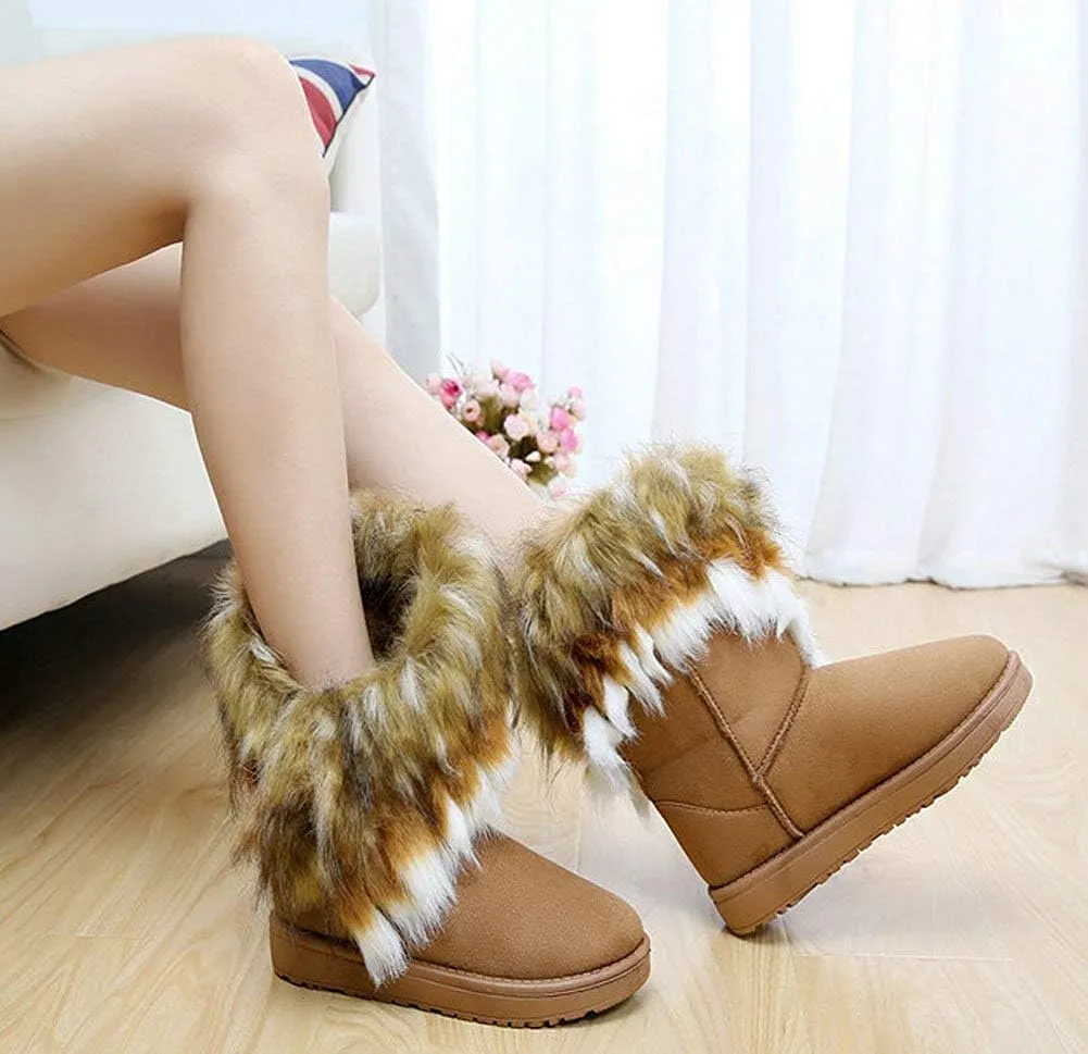 Naughtyangel Women Winter Warm Snow Ankle Boots Low Heels Faux Fox Rabbit Fur Tassel Shoes