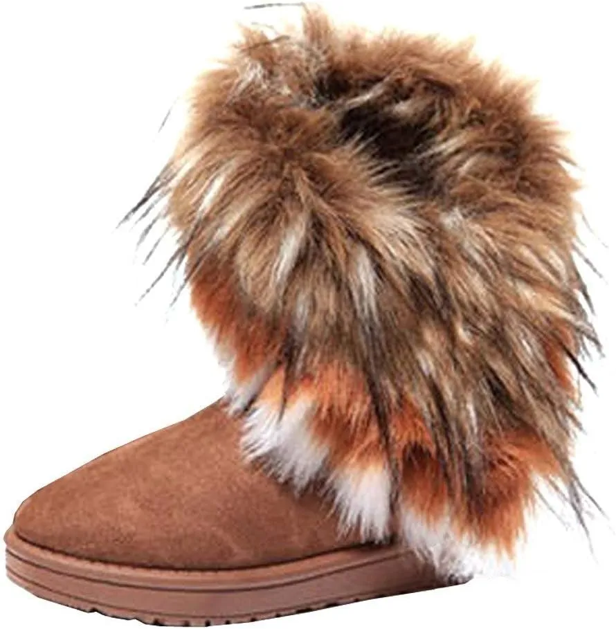 Naughtyangel Women Winter Warm Snow Ankle Boots Low Heels Faux Fox Rabbit Fur Tassel Shoes