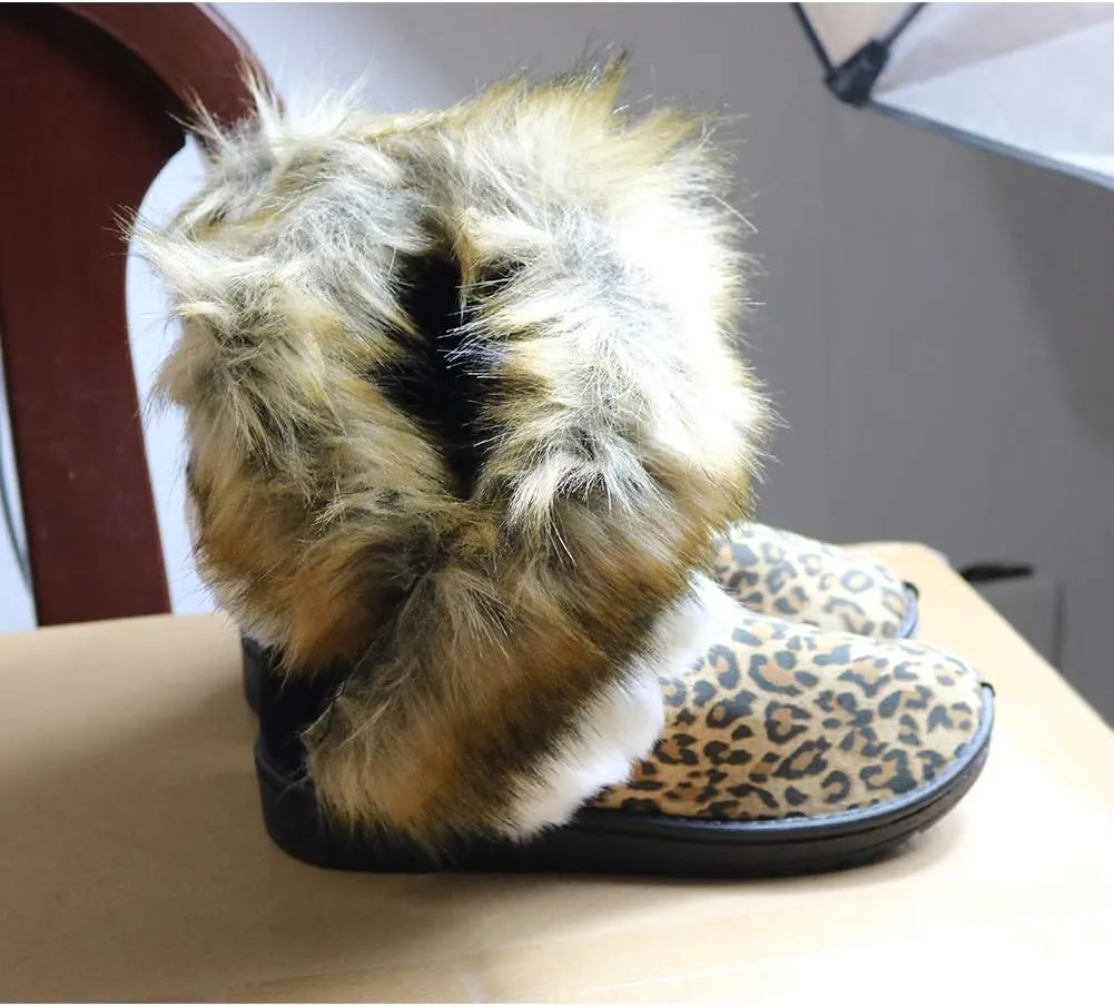 Naughtyangel Women Winter Warm Snow Ankle Boots Low Heels Faux Fox Rabbit Fur Tassel Shoes