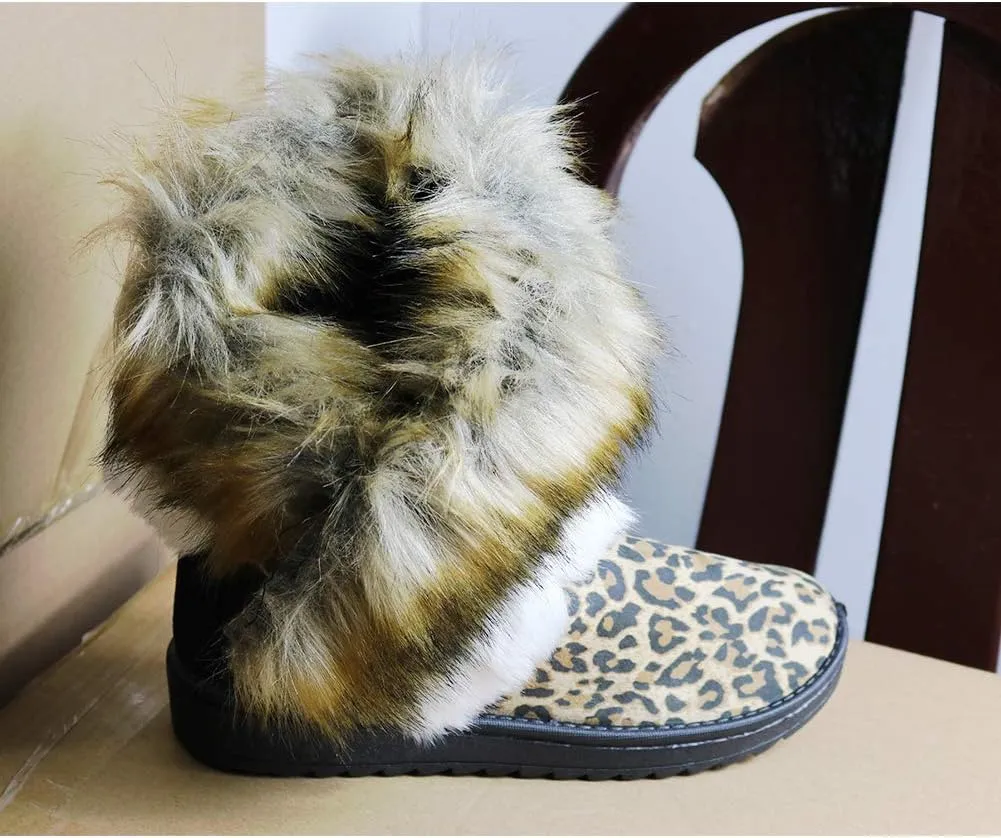 Naughtyangel Women Winter Warm Snow Ankle Boots Low Heels Faux Fox Rabbit Fur Tassel Shoes
