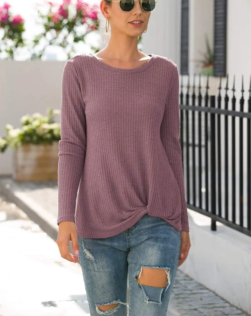 Neineiwu Womens Casual Tops Long Sleeve Cute Twist Knot Waffle Knit Shirts Loose Blouse