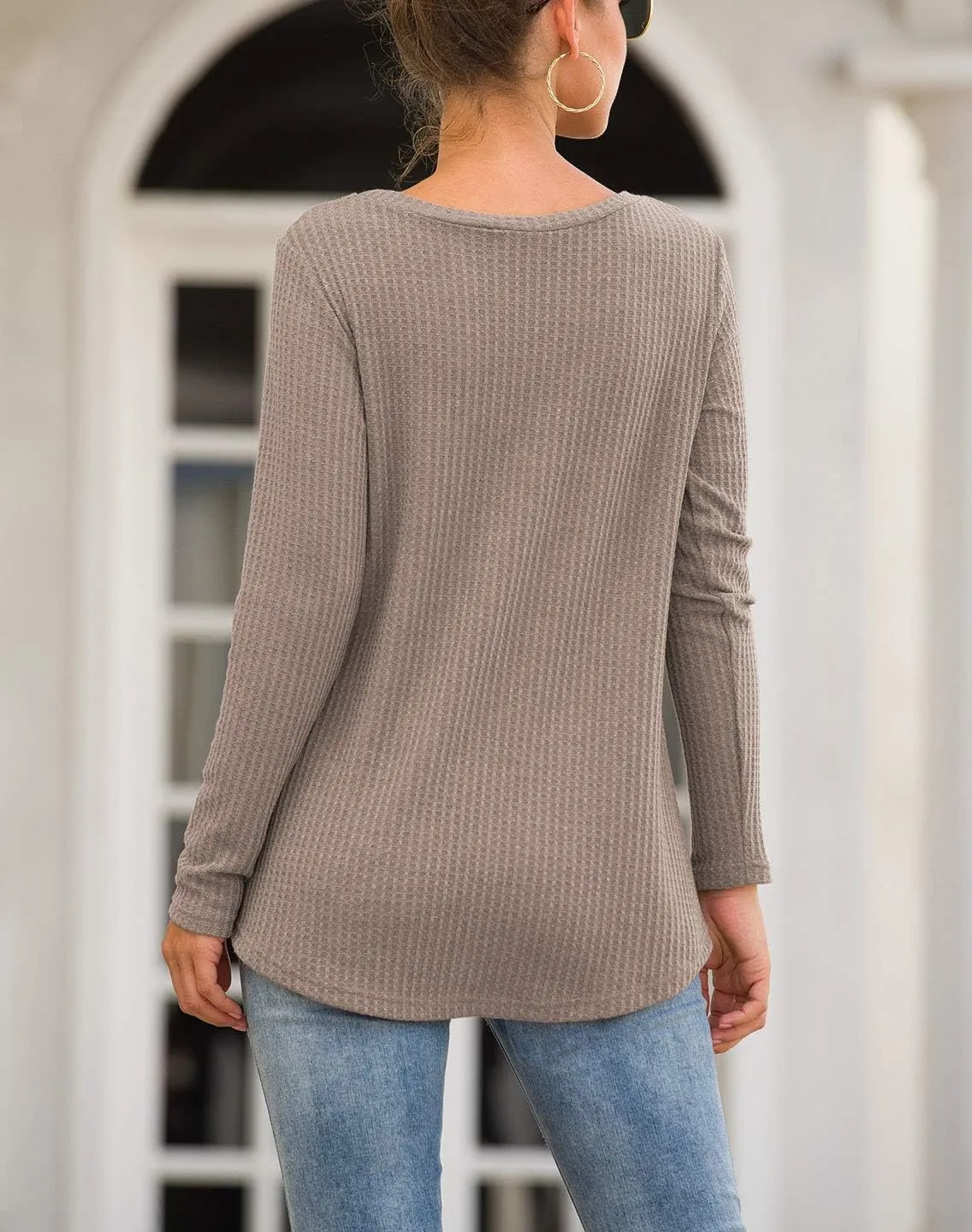 Neineiwu Womens Casual Tops Long Sleeve Cute Twist Knot Waffle Knit Shirts Loose Blouse