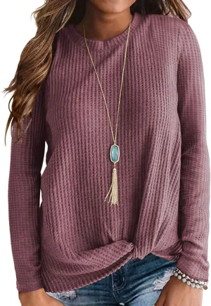 Neineiwu Womens Casual Tops Long Sleeve Cute Twist Knot Waffle Knit Shirts Loose Blouse