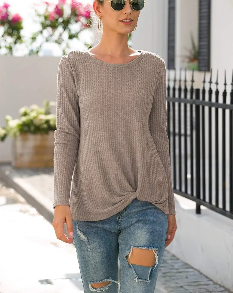 Neineiwu Womens Casual Tops Long Sleeve Cute Twist Knot Waffle Knit Shirts Loose Blouse