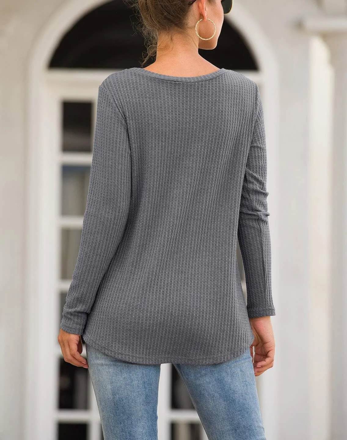 Neineiwu Womens Casual Tops Long Sleeve Cute Twist Knot Waffle Knit Shirts Loose Blouse