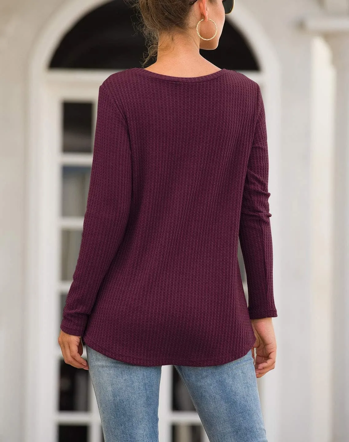 Neineiwu Womens Casual Tops Long Sleeve Cute Twist Knot Waffle Knit Shirts Loose Blouse