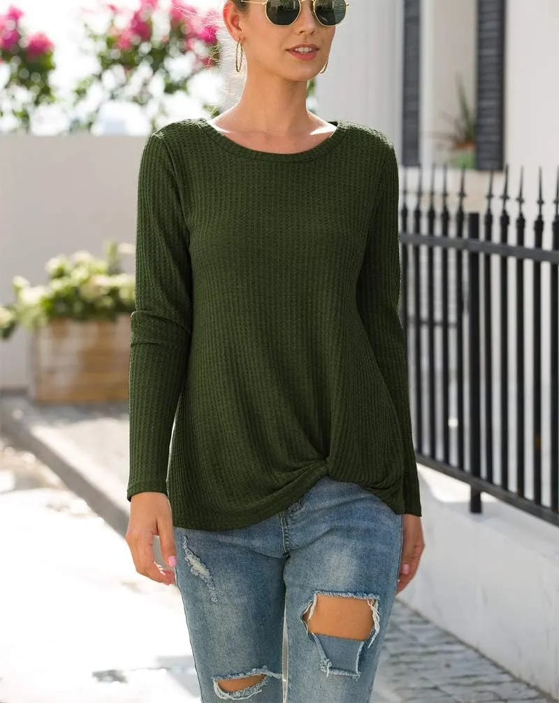 Neineiwu Womens Casual Tops Long Sleeve Cute Twist Knot Waffle Knit Shirts Loose Blouse