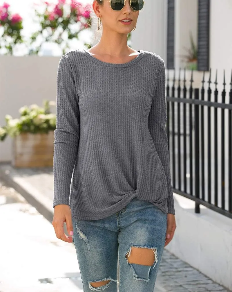 Neineiwu Womens Casual Tops Long Sleeve Cute Twist Knot Waffle Knit Shirts Loose Blouse