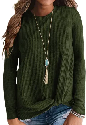 Neineiwu Womens Casual Tops Long Sleeve Cute Twist Knot Waffle Knit Shirts Loose Blouse