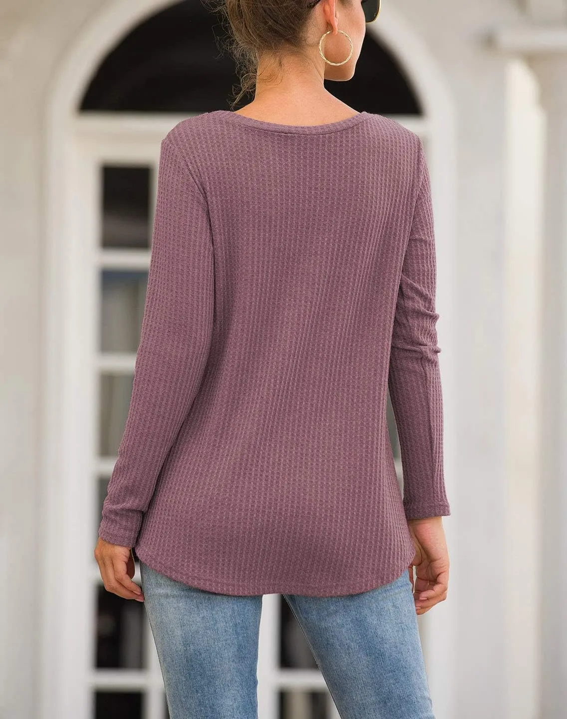 Neineiwu Womens Casual Tops Long Sleeve Cute Twist Knot Waffle Knit Shirts Loose Blouse
