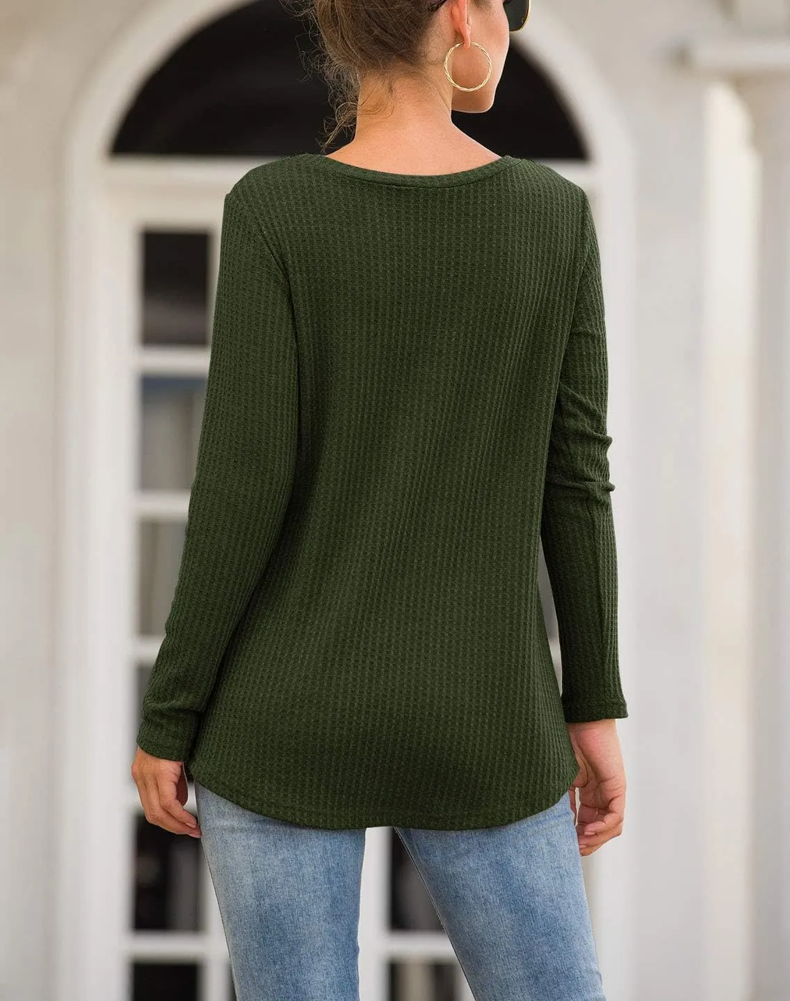 Neineiwu Womens Casual Tops Long Sleeve Cute Twist Knot Waffle Knit Shirts Loose Blouse