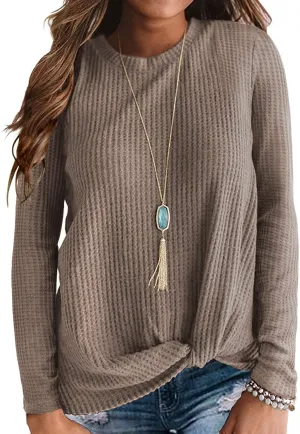 Neineiwu Womens Casual Tops Long Sleeve Cute Twist Knot Waffle Knit Shirts Loose Blouse