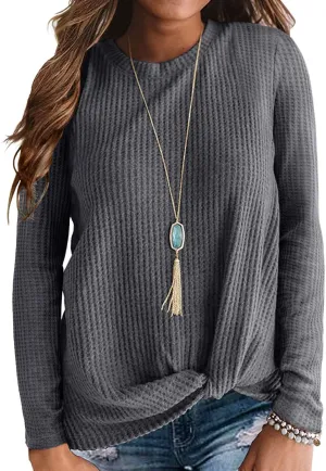 Neineiwu Womens Casual Tops Long Sleeve Cute Twist Knot Waffle Knit Shirts Loose Blouse
