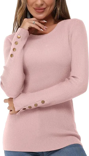 Newshows Women's Fall Fashion Sweater Long Sleeve Crew Neck Button Stretch Casual Pullover Tops Winter Clothes Trendy